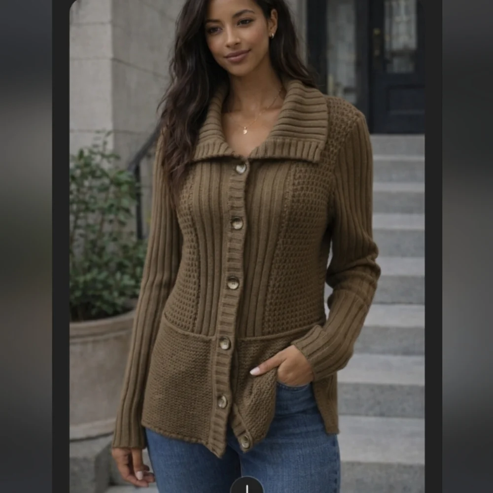 Calvin Klein Olive Green Button-Up Ribbed Cardigan | Size Medium